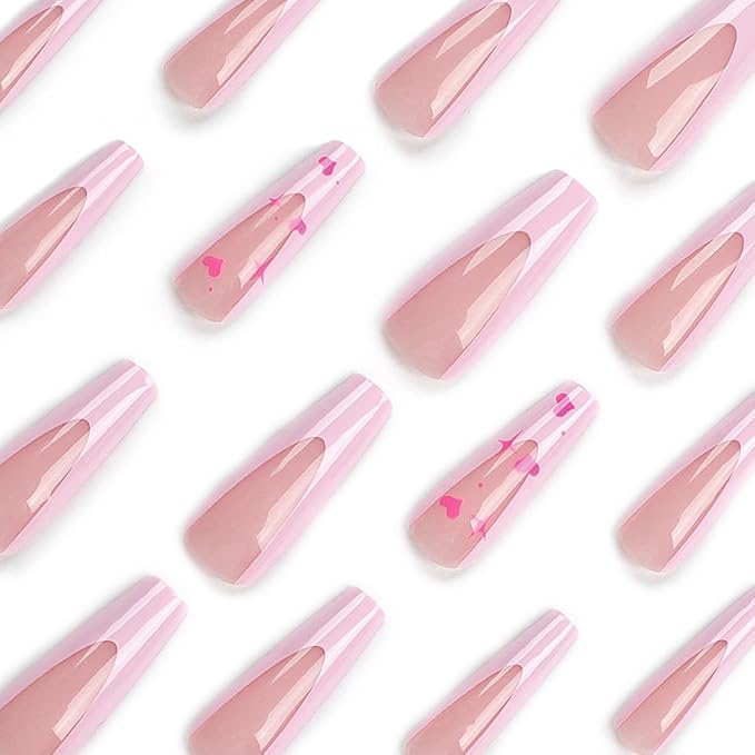 Pink French Tip Press on Nails Long Square Valentine Fake Nails Heart Star Design False Nails Full Cover Glossy Love Glue on Nails for Women 24PCS