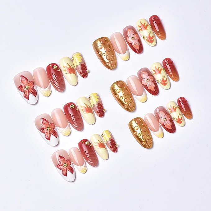 30Pcs Autumn Press on Nails Almond Medium Fake Nail Fall Flower Maple Leaf Acrylic Nails 3D Handmade Gilding French Tip Glue on Nails Rhinestones Beads Full Cover Thanksgiving False Nail for Women