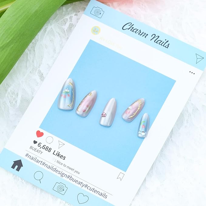 24pcs Pink Press on Nails Short Almond Fake Nails with Pearl Rhinestones Designs Flower False Nails Gold Line Stick on Nails Bow Acrylic Nails Summer Floral Full Cover Glue on Nails for Women