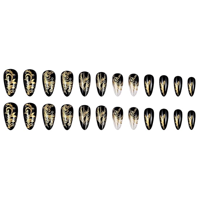 Almond Press on Nails Medium Black Fake Nails Luxurious Gold Stripes False Nails with Designs Golden Line Glue on Artificial Acrylic Nails Press ons Glossy for Women Girls Manicure 24Pcs