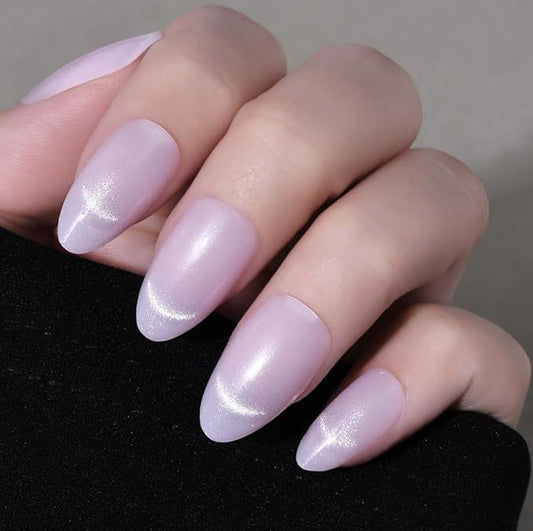 Light Purple Cat Eye Press on Nails Short Almond 30 PCs, Designer Reusable Press On Nails with Quick Dry Glue, Stick On Acrylic Fake Nails for Women Wedding Party (Jelly Art Kit + Nail Tools)