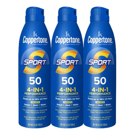 Coppertone Sport Sunscreen Spray SPF 50, Sweat, Heat and Water Resistant Sunblock, Lightweight, Oxybenzone Free, Spray Sunscreen Bulk Pack, 5.5 Oz Bottle, Pack of 3 (Packaging May Vary)