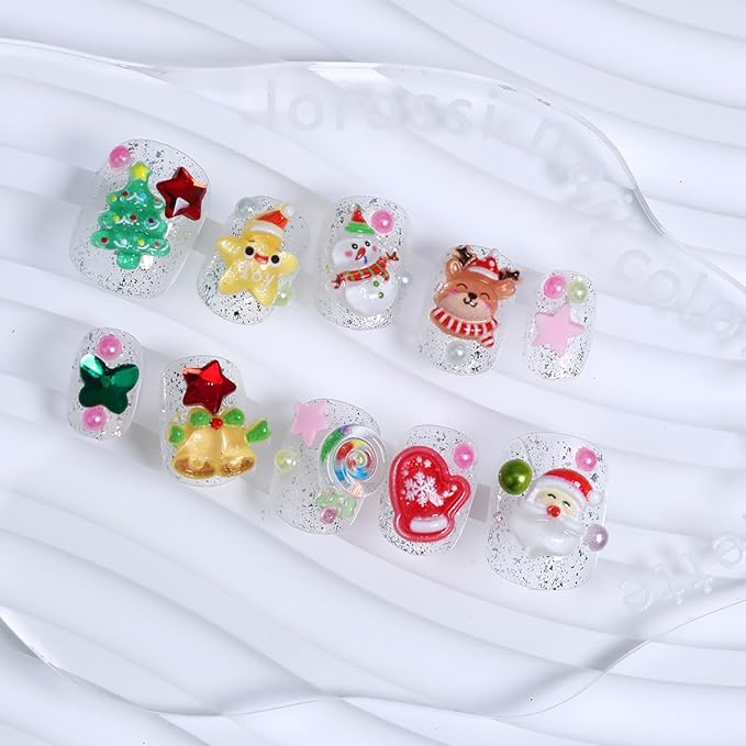 10Pcs Christmas Press on Nails Petite Square Fake Nails Santa Claus Elk Christmas Tree Bells Rhinestones Full Cover Glitter Stick on Nails Cute Winter False Nails Xmas Glue on Nail for Acrylic DIY