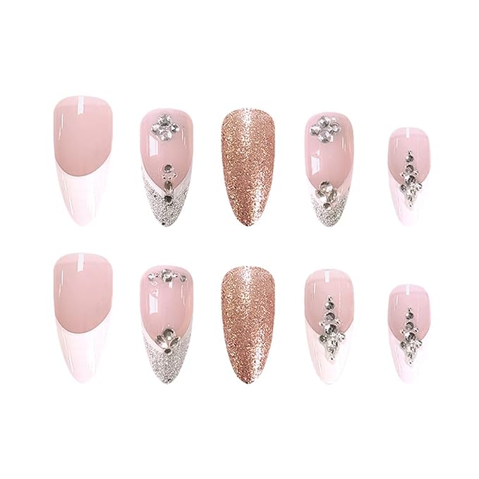 French Tip Press on Nails Almond Medium Fake Nails Glitter Acrylic Nails with Rhinestone False Nails Full Cover Glue on Nails Artificial Nails for Women Girls Manicure Nails Decoration 24Pcs