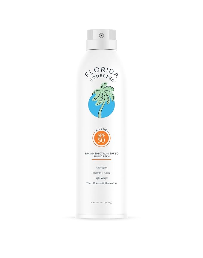 Florida Squeezed SPF 50 Sunscreen Water Resistant Spray|6oz|Vegan and Hawaii 104 Reef Act Compliant (Octinoxate & Oxybenzone Free) Broad Spectrum Moisturizing Sunscreen. Paraben & Phthalate Free.