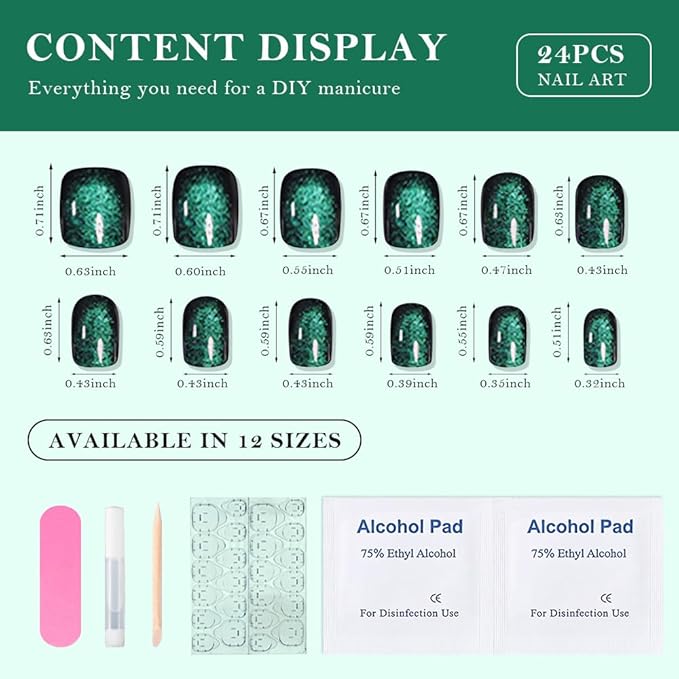 evpct Green Cat Eye Extra Short Press on Nails Square, Petite Short Square Glue on Nails for Women Gift, Emerald Green Metallic Glitter Glossy Reusable Gel Press on Acrylic Fake Nail with Designs