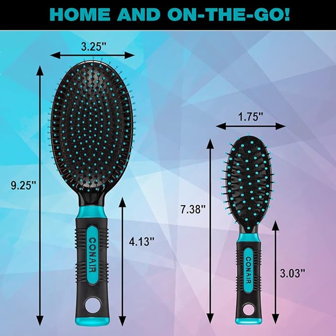 Conair Salon Results Hairbrush, 1 Travel Hairbrush and 1 Full Sized Brush, Hairbrushes for All Hair Types (Pack of 3)