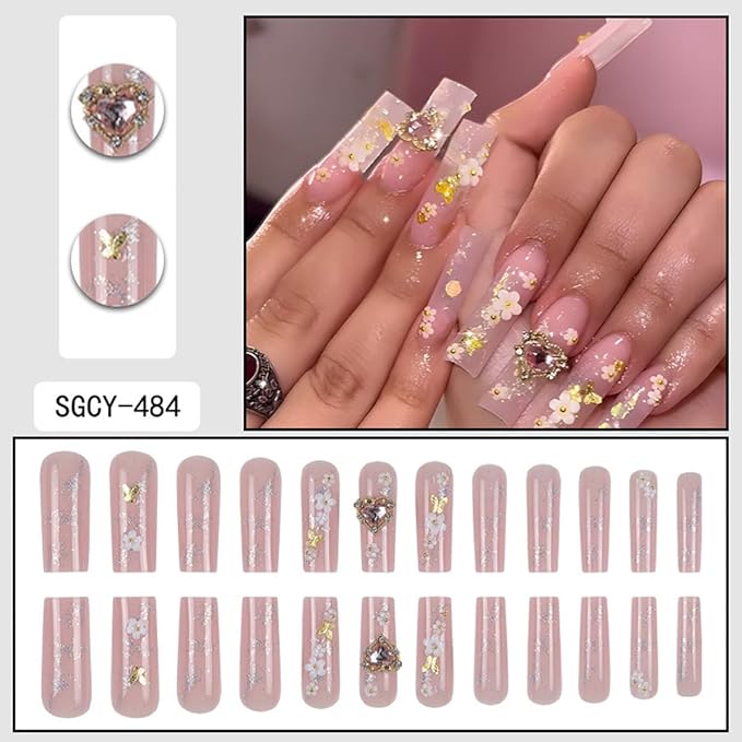 24Pcs 3D Flower Press on Nails Long Square Fake Nails with Gold Pink Heart Rhinestones Design Cute Handmade False Nails Full Cover Artificial Glue on Nails Spring Summer Stick on Nails for Women DIY