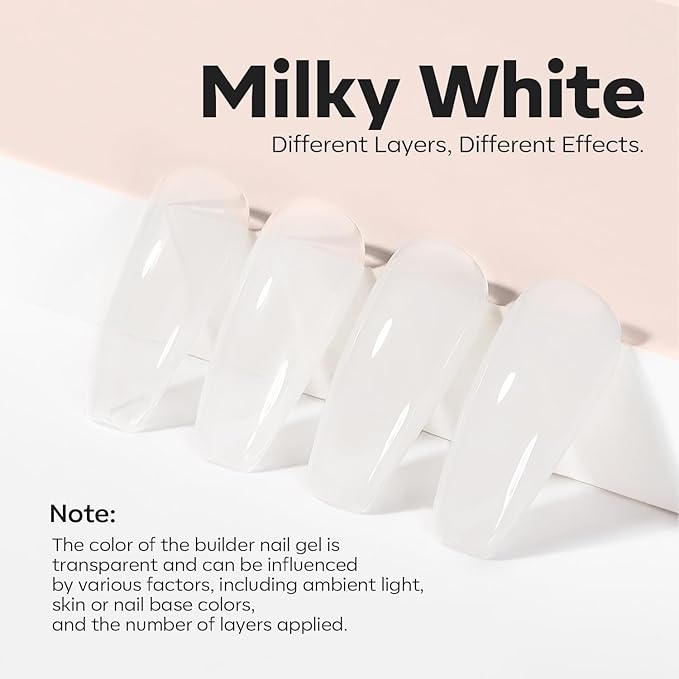 modelones Builder Nail Gel, Milky White Builder for Nail Thickening, 8-in-One LED Lamp Cured Strengthener Hard Color Base Extension Glue Gel Polish in a Bottle for Home DIY Salon Women