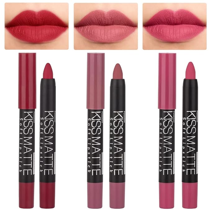 evpct 3Pcs Rub Red Rose Mauve Pink Matte Lipstick Lip Crayon Liner Pencil Pen Makeup Set Matte Lipstick and Lip Liner Set 24 Hour Waterproof labiales mate 24 horas originales 13&15&16