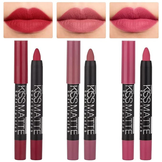 evpct 3Pcs Rub Red Rose Mauve Pink Matte Lipstick Lip Crayon Liner Pencil Pen Makeup Set Matte Lipstick and Lip Liner Set 24 Hour Waterproof labiales mate 24 horas originales 13&15&16