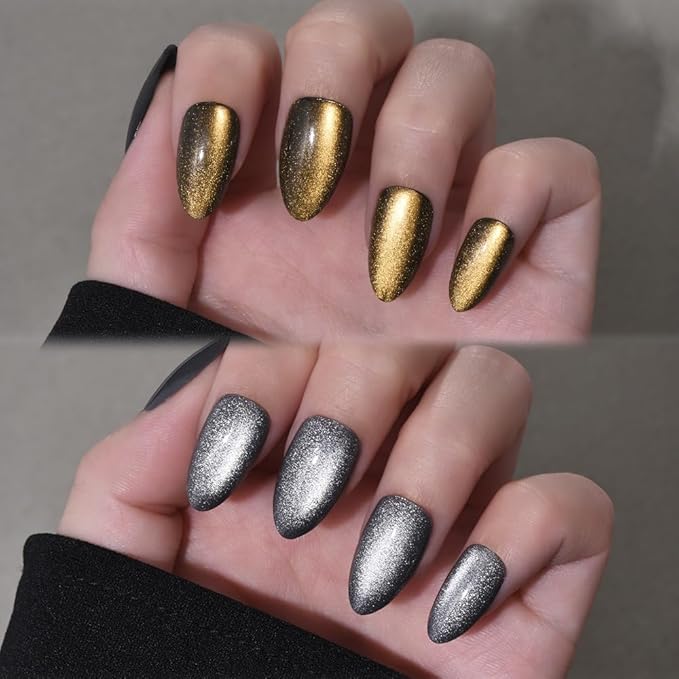 evpct Cat Eye Gold Silver Press on Nails Almond Short, Gold Silver Metal Short Almond Soft Gel Press on Nails with Nail Glue, 60Pcs Reusable Acrylic Fake Press-on Nail Polish Kit for Women Gift
