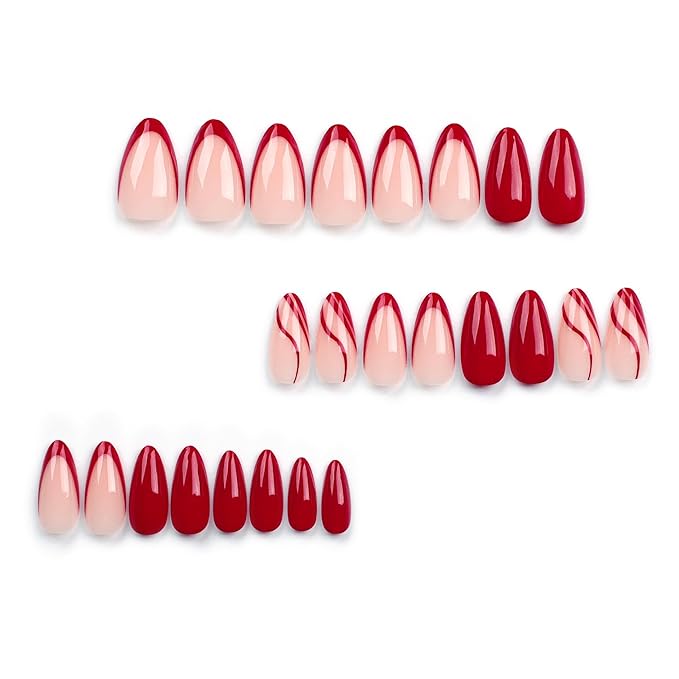 Red Press on Nails Medium Almond Fake Nails French Tip False Nails with Designs Line Stripe Acrylic Nails Glossy Glue on Nails Full Cover Stick on Nails for Women Girls