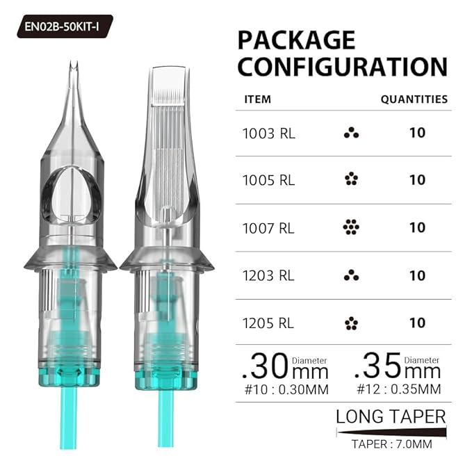 STIGMA Aquamarine Knight Bugpin Disposable Tattoo Cartridge Needles Tattoo Cartridges Assorted Sizes 50pcs of Round Liner #10/#12 (1003RL 1005RL 1007RL 1203RL 1205RL) EN02B-50KIT-I