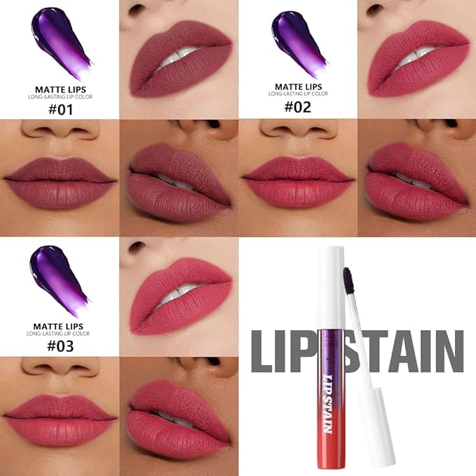 evpct 3Pcs Maroon Mauve Vivid Red Peel Off Lip Stain Tints, Matte Liquid Lipstick Lip Stain Long Lasting Waterproof for Women, Longwear Lipstick Peel Off Highly Pigmented Smudge-proof Easy to Apply