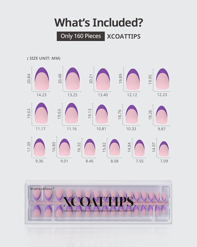 BTArtboxnails XCOATTIPS Purple French Tip Press On Nails - Short Press On Nails Almond, Soft Gel Nail Tips, 160Pcs Soak Off Acrylic Pink Fake Nail Extension in 16 Sizes