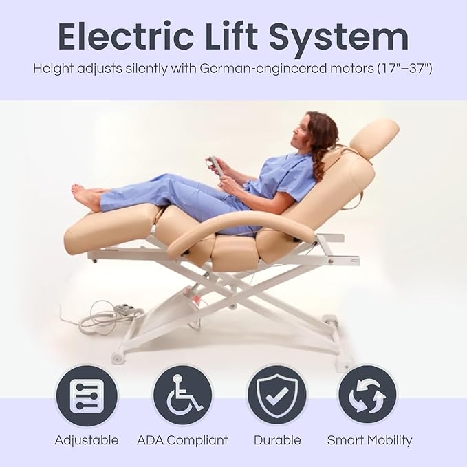 Electric Massage, Spa, and Treatment Table with Salon Top - Adjustable Height, Backrest, and Knee Section, Foot Control, ADA Compliant Treatment Table for Professionals