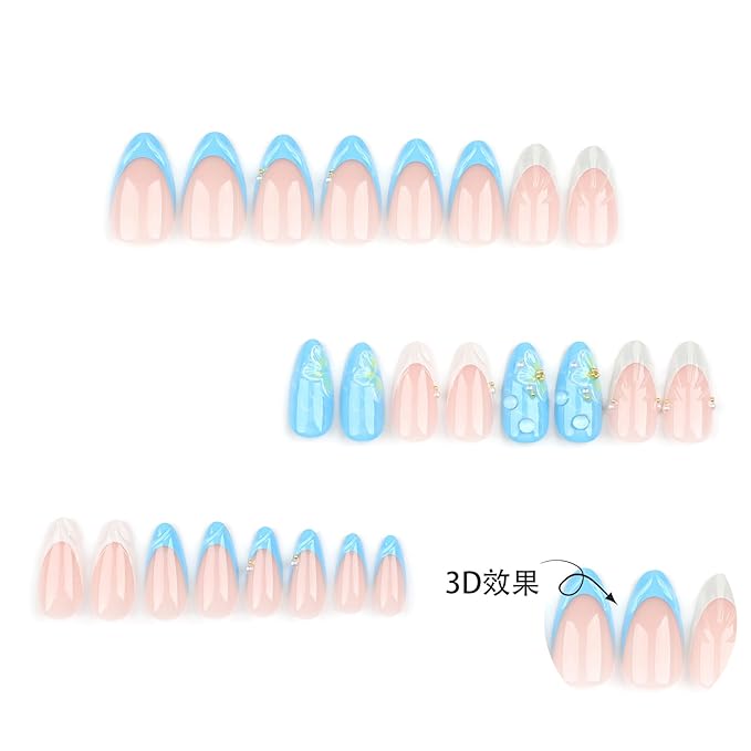 Summer Almond Medium Press on Nails with 3D Flower Shell Designs Nude Nails Press ons Glossy Glue on Nails Light Blue Acrylic Nails Full Cover Artificial Stick on Nails Reusable for Women 24Pcs