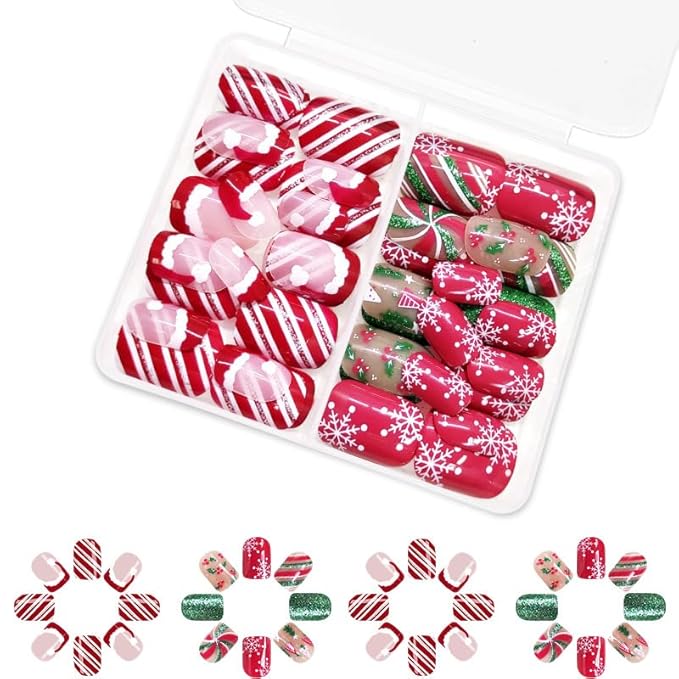 2 Packs 48Pcs Christmas Press on Nails Short Square Fake Christmas Hat Acrylic Candy Stripe Glitter Designs Glue on Kid Winter Xmas Stick on for Women Girls Decoration