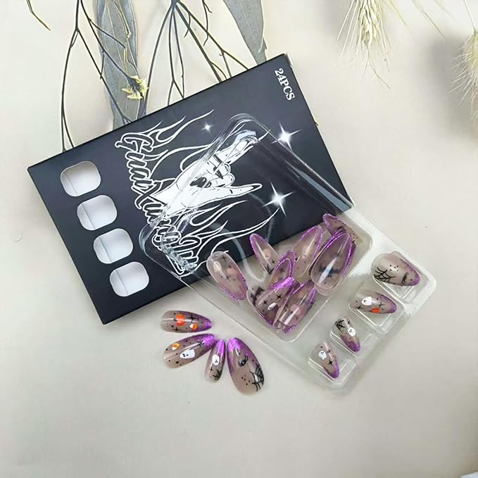24Pcs French Tip Press on Nails Short Almond Fake Nails with Designs Halloween Nails Press on Spider Web Pumpkin Glue on Nail Halloween False Nail Star Cat Acrylic Nail for Women Manicure Decorations