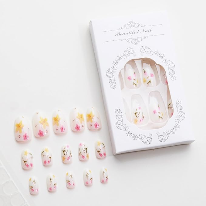 IMRAIN Spring Press on Nails Almond Medium Fake Nails with Cute Flower Designs Floral Artificial Nail Supplies Summer Glossy Glue on Nails Full Cover Stick on Nails for Women 24Pcs