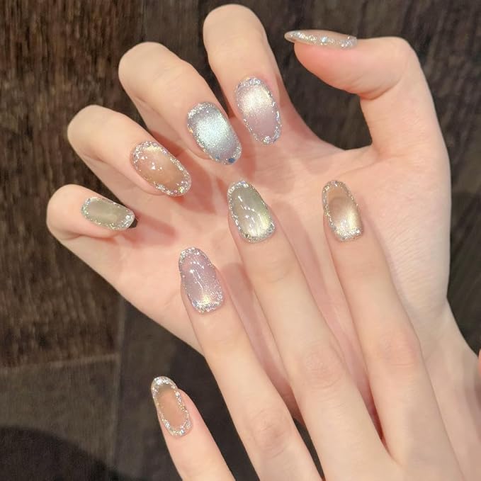 Handmade Press on Nails Almond Medium handmade nails Cat's Eye Fake Nails Colorful Sparkly Cute Acrylic Nails for Women 10pcs (Size M）