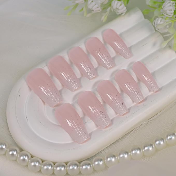 Medium Press on Nails Coffin Fake Nails Gradient Nails Press ons Light Pink False Nails with Glitter Designs for Women 24Pcs