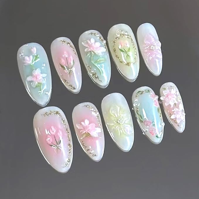 24Pcs Blush Pink Press on Nails Light Flower Glitter Medium Almond Fake Nails Handmade Almond Light Blue False Nails Flower Designs Stick on Nails Summer Woman Manicure