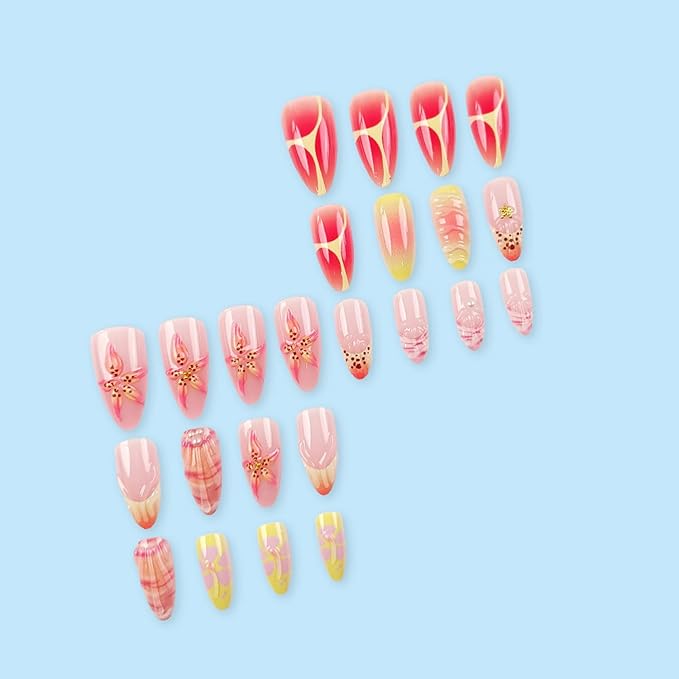 24Pcs Flower Press on Nails Medium Almond Summer Fake Nails with French Tip Nails Design Gold Starfish Pearl Nails Spring False Nails Full Cover Artificial Glue on Nails Cute Stick on Nails for Women
