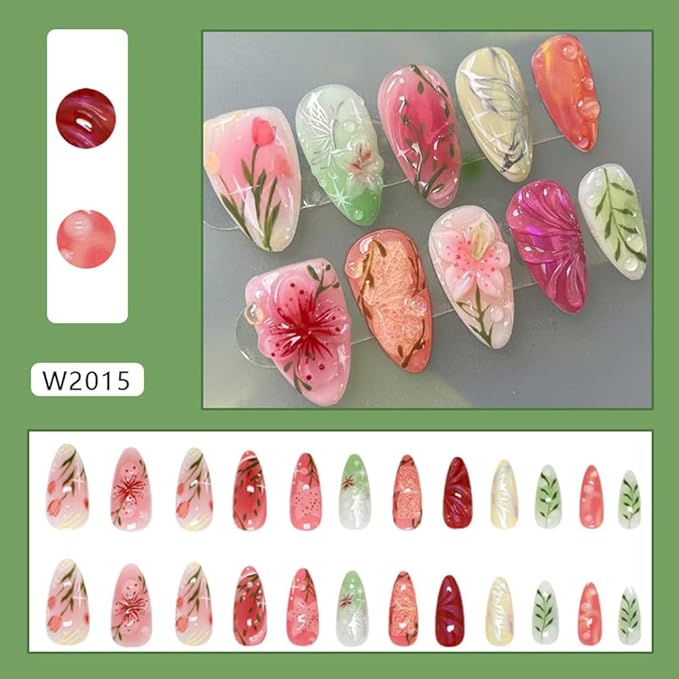 24Pcs 3D Flower Press on Nails Medium Almond Fake Nails with Bubble Butterfly Star Designs Cute Powder Blusher Acrylic Glossy Pink Tulip False Nails Green Leaf Stick on Nails for Women