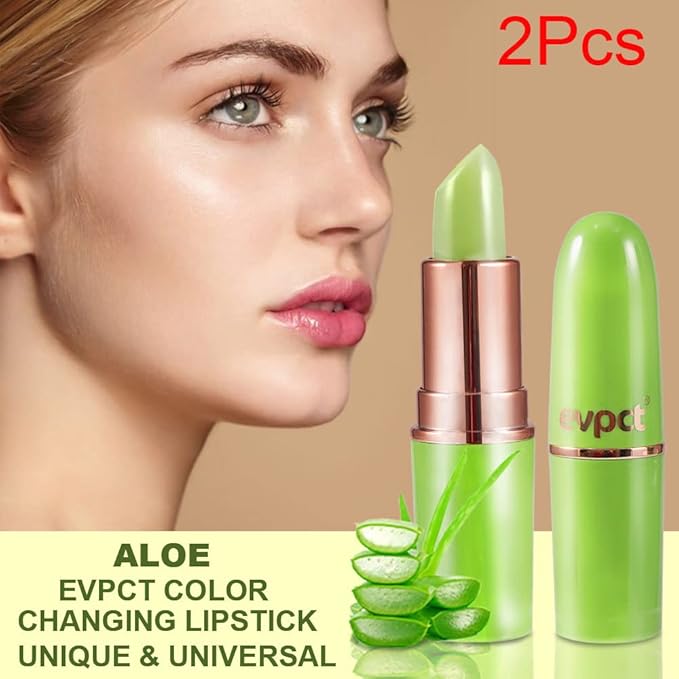 evpct 2Pcs Aloe Vera Lip Color Changing Lipstick Tinted Lip Balm Set Green Magic PH Lipstick Color Change Changing Crystal Flower Jelly Lipstick Gloss Stain Makeup Set for Women Girls Waterproof