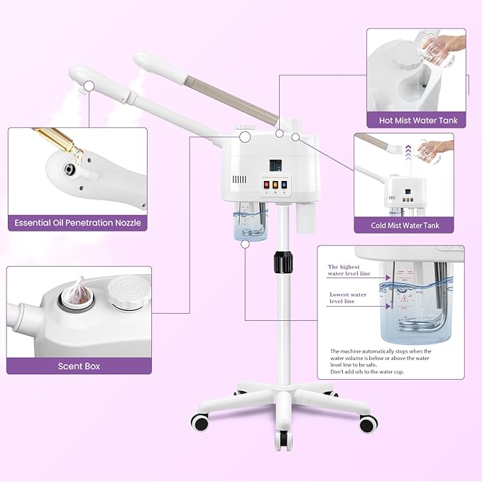 Professional Facial Steamer, 2 in 1 Facial Steamer on Wheels for Cold Mist & Hot Mist & Timer Function, Stand Face Steamer Adjustable Height for Spa, Salon and at Home use