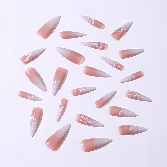IMRAIN Press on Nails Long Stiletto Fake Nails White Gradient Almond False Nails Full Cover Glossy Gel Nude Artificial Nails with Flower Designs