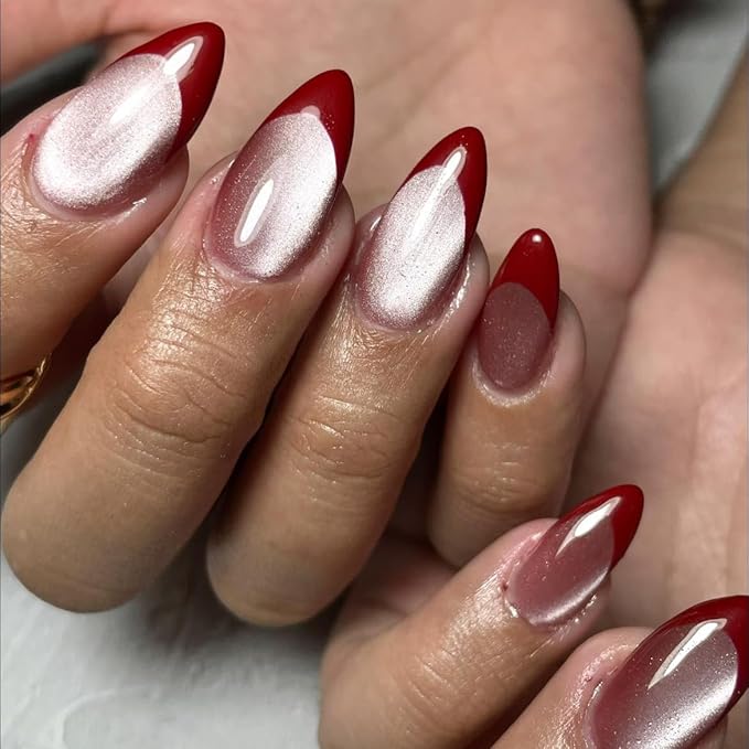 KQueenest Cat Eye Press On Nails Almond, Glitter Red French Tip Press On Nails Medium, Natural Nude Fake Nails With Glue, Soft Gel Glue on Nails with Design, Reusable Stick on Nail for Women, 24 Pcs