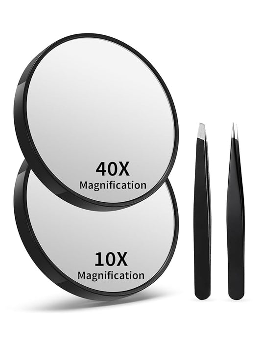 10X&40X Magnifying Mirrors with Suction Cups and 2 Tweezers Set, 3.5 inches Magnified Makeup Mirror, Black, 2PCS