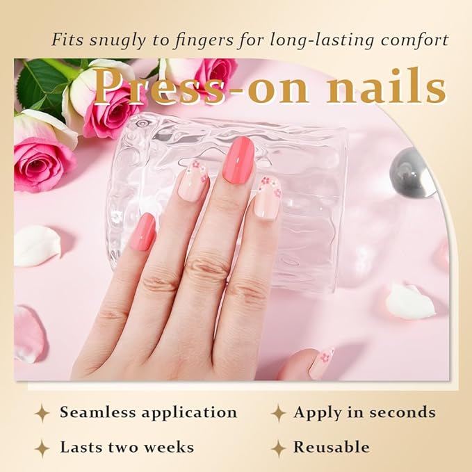 evpct Press on Nails Oval Short, Nude Rose Red Press on Fake Nails with Floral Designs Reusable Stick on Nails for Gift, Soft Gel Press Glue On False Nail 2 Colors in 1 Supremely Fit Full Cover 24Pcs