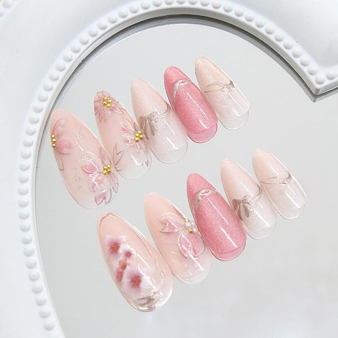 24Pcs Pink Flower Press on Nails Medium Almond French Fake Nails with Irregular Line Bow Design Cherry Blossom False Nails Full Cover Artificial Nails Cute Stick on Nail Pearl Nail Spring for Women