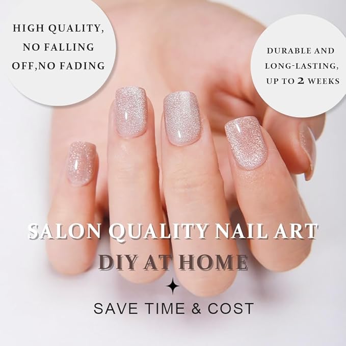 evpct Nude Cat Eye Extra Short Press on Nails Square, Petite Short Square Glue on Nails for Women Gift, Champagne Metallic Glitter Glossy Reusable Stick Gel Press on Acrylic Fake Nail with Designs