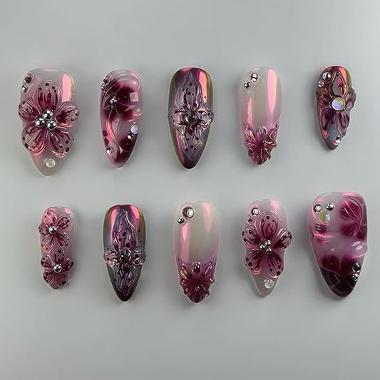 24Pcs Purple Flower Press on Nails Almond Medium Fake Nails 3D Flower False Nail with Rhinestones Pearls Designs Floral Nail Tips Full Cover Acrylic Glue on Nails for Women Manicure Decoration
