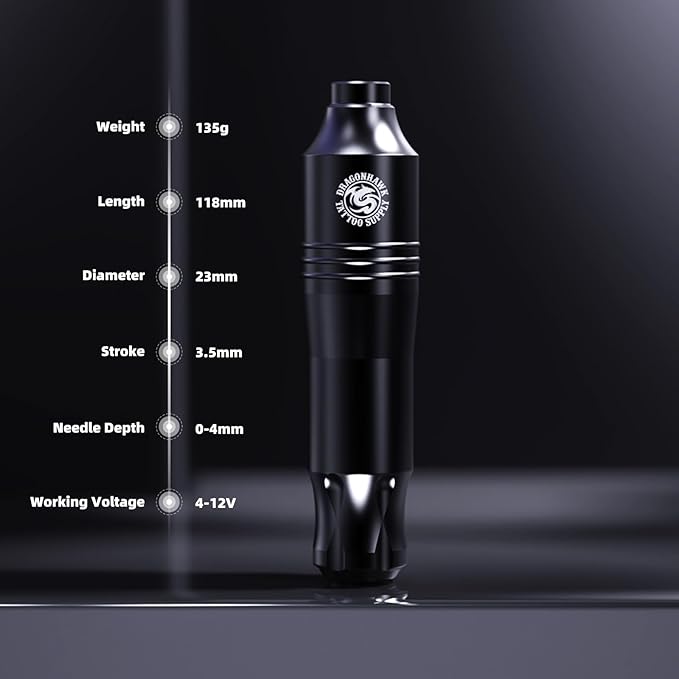 Dragonhawk Atom Wireless Tattoo Gun Pen Machine Kit - Complete Beginner Tattoo Kit with 20 Cartridge Needles, Battery Power Supply for Lining Shading
