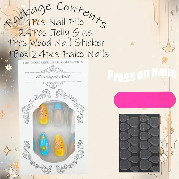 French Tip Press on Nails Short Almond Fake Nails with Water Ripples Design Tropical Flower Acrylic Nails Press on Full Cover Floral False Nail Gem Rhinestones Glue on Nail for Women Manicure 24Pcs