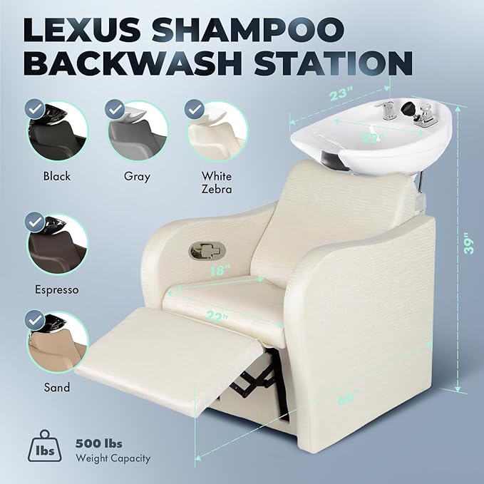 Buy-Rite Lexus Backwash Unit – Professional Salon Shampoo Chair with Extra Wide Seat, Kick-Out Leg Rest, Tilting Porcelain Shampoo Bowl, European Style Faucet & Neck Rest, TS-8018B (White Zebra)