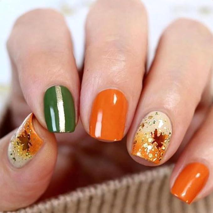 Fall Press on Nails Short Square Fake Nails with Gold Sequins Maple Leaves Design Orange Green Glossy Acrylic False Nails Thanksgiving Stick on Nail Artificial Gel Glue on Nail for Women 24Pcs