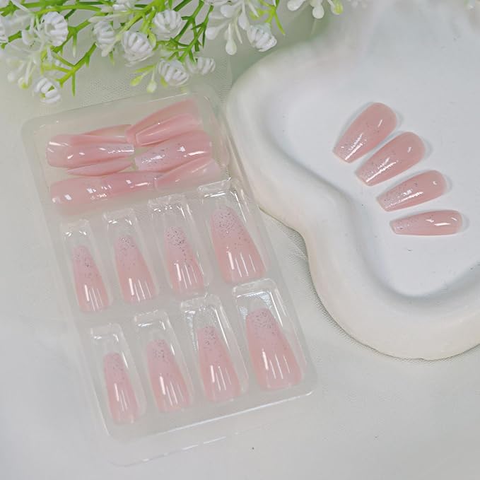 Medium Press on Nails Coffin Fake Nails Gradient Nails Press ons Light Pink False Nails with Glitter Designs for Women 24Pcs