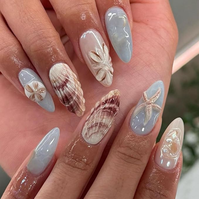 24Pcs Shell Press on Nails Medium Almond Fake Nails with 3D Starfish Flower Pearl Design Blue Gradient Full Cover Acrylic Nails False Nails Summer Beach Vacation Glue on Nails for Women Decor