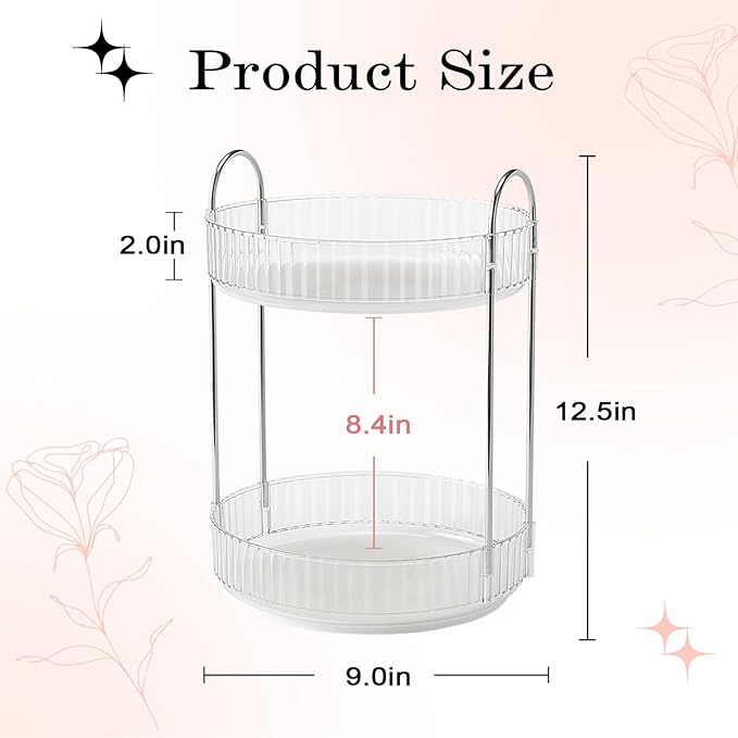 Rotating Makeup Organizer, 360° Spinning Makeup Storage Holder Rack, Dresser Bathroom Organizer Countertop, Large Capacity Perfume Skincare Lipstick Organizer for Vanity.(2 Tiers, Transparent)