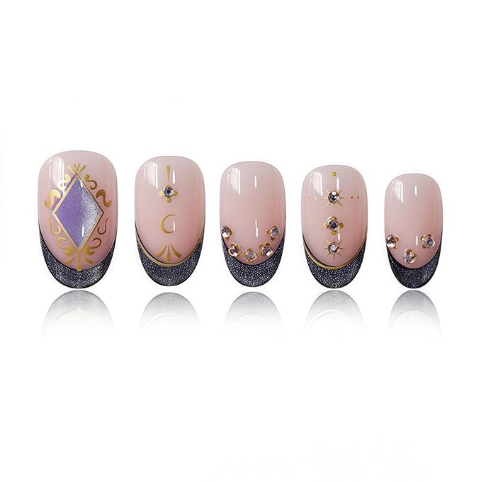 French Tip Press on Nails Gold Fake Nails with Pearl Design Nude Glue on Nails Medium Almond False Nail Glossy Full Cover Artificial Acrylic Glitter Stick on Nail for Women Girls Manicure 24Pcs