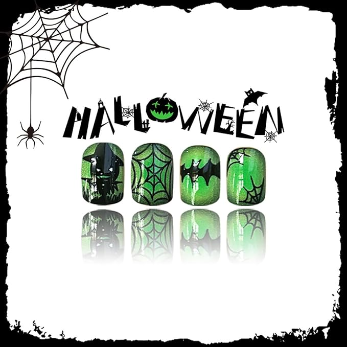 Green Press on Nails Halloween Fake Nails Short Square False Nails Black Spider Web Ghost Pumpkin with Hat Design Cute Gradient Stick on Nail for Women DIY Holiday Manicure Supplies