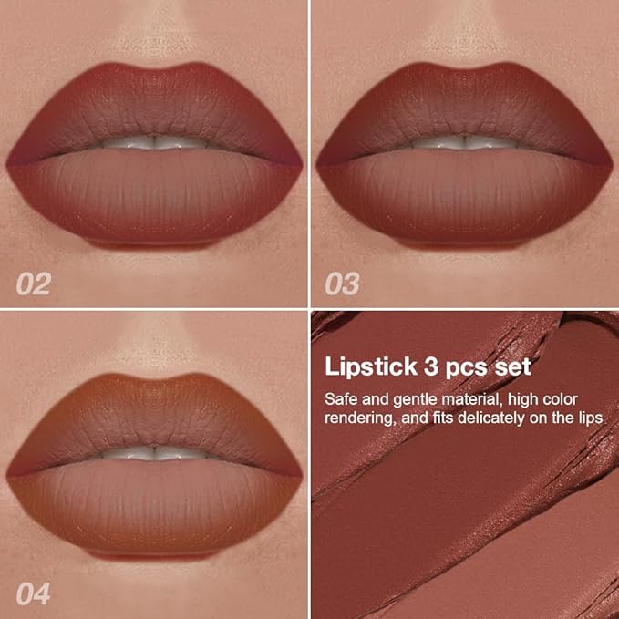 evpct 3Pcs Red Reddish Nude Brown Gradient Matte Lipstick Lip Liner Crayon Combo Pencil Set for Women Long Lasting Waterproof, Cream Lip Liner and Lipstick Combo Makeup，Flawless Gradual Ombre Effect