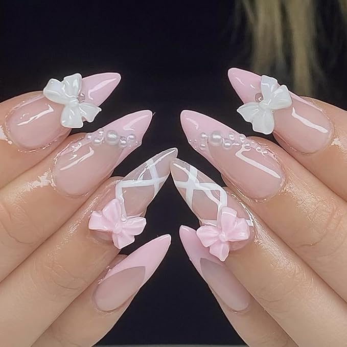 24pcs Press On Nails Medium Almond Pearl Bow Pink Press On Nails White Pearl Valentine French Tip Nails Cute Nails Fake Nail French Fingertips Almond Full Cover Cute Stick on Nail Accessories